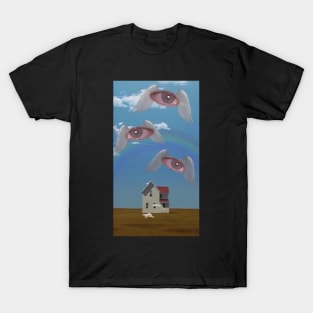 Dreamcore Eyes, Weirdcore Background - Houses with eyeballs with wings flying T-Shirt